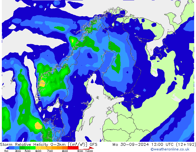 Storm Relative Helicity GFS пн 30.09.2024 12 UTC