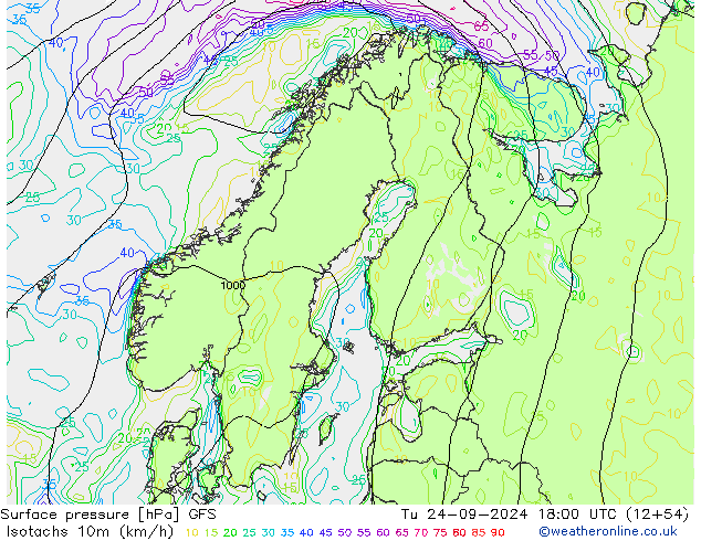 Isotachen (km/h) GFS Di 24.09.2024 18 UTC