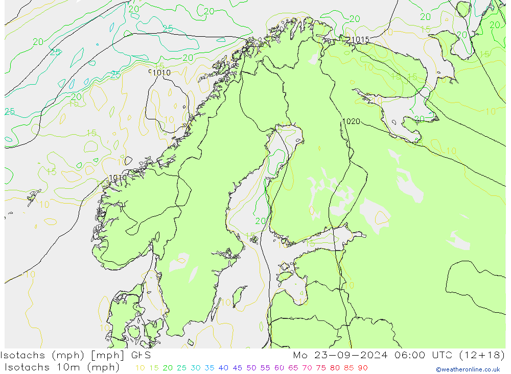 Isotachs (mph) GFS Mo 23.09.2024 06 UTC