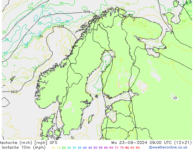 Isotachs (mph) GFS lun 23.09.2024 09 UTC