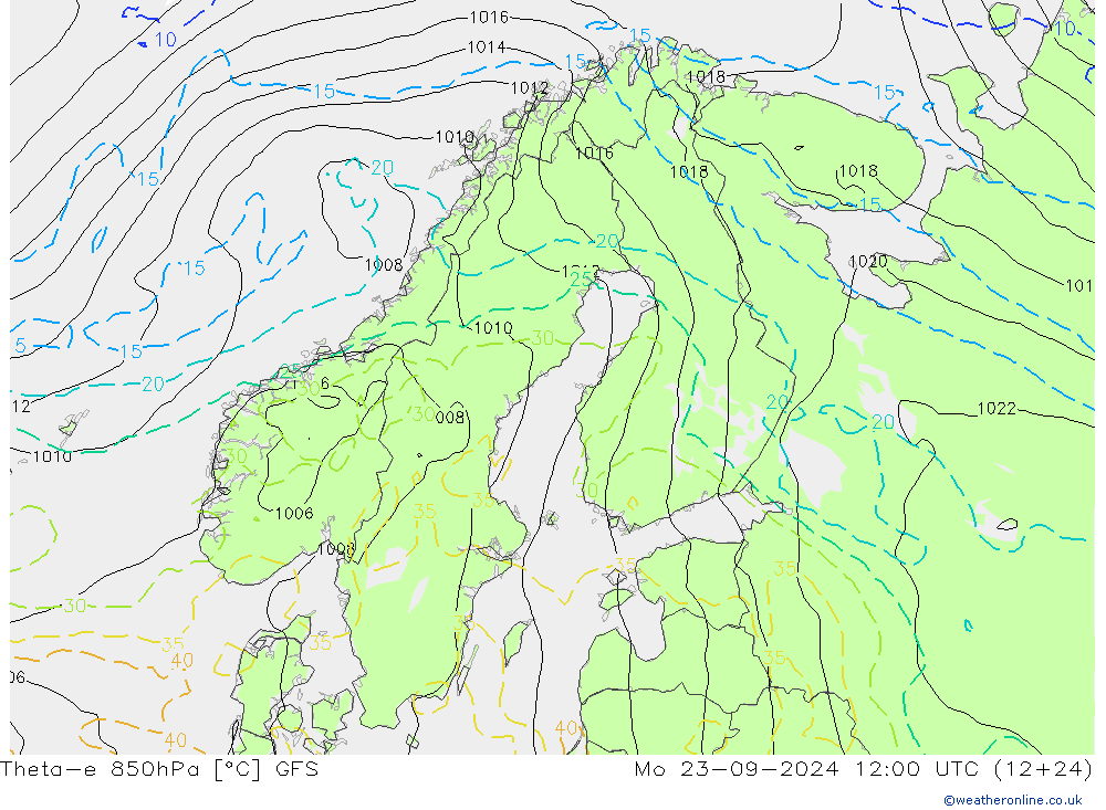 Theta-e 850hPa GFS pon. 23.09.2024 12 UTC