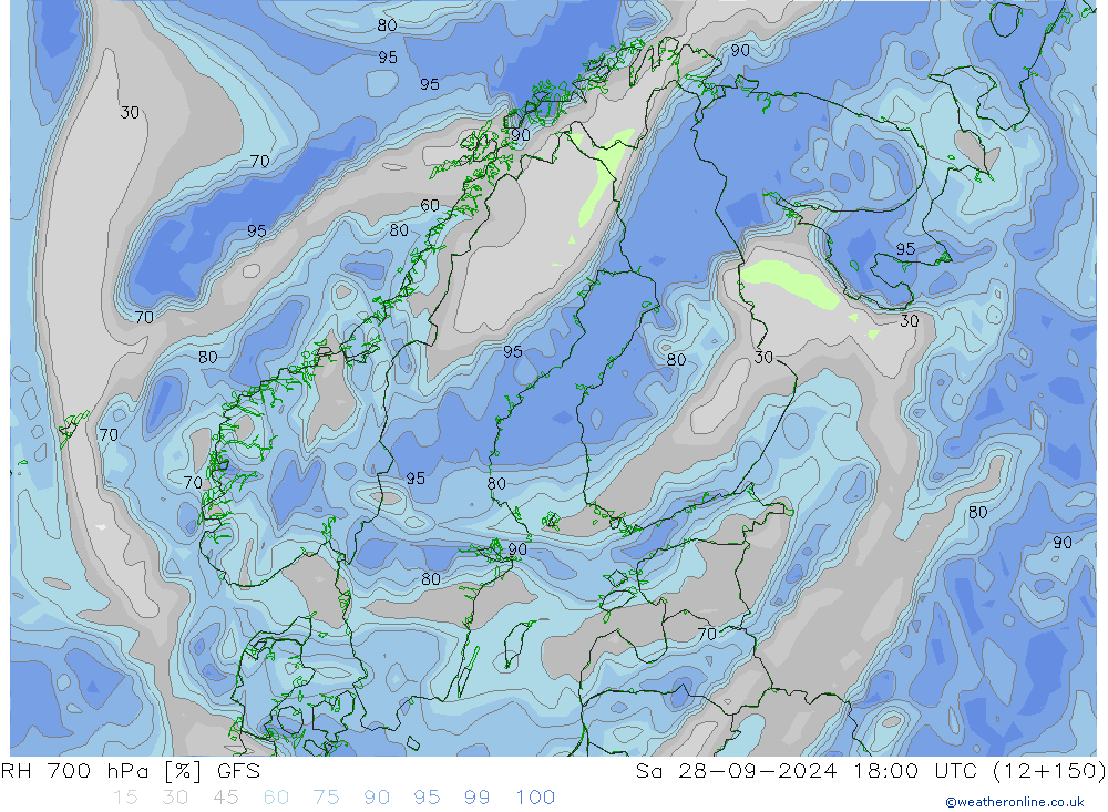 RH 700 гПа GFS сб 28.09.2024 18 UTC