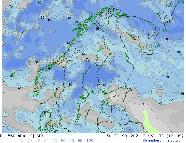 RH 850 hPa GFS dom 22.09.2024 21 UTC