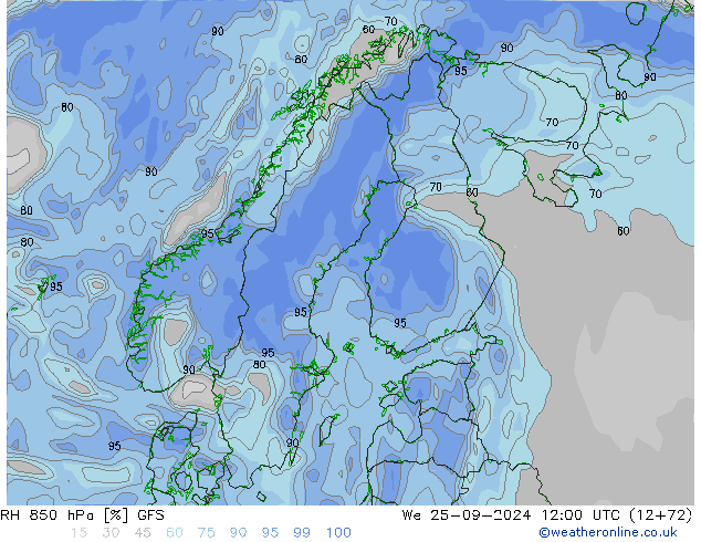 RH 850 hPa GFS śro. 25.09.2024 12 UTC