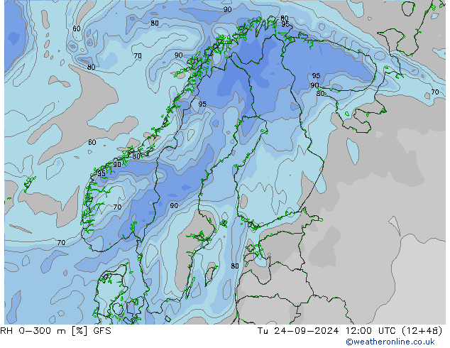 RH 0-300 m GFS Tu 24.09.2024 12 UTC