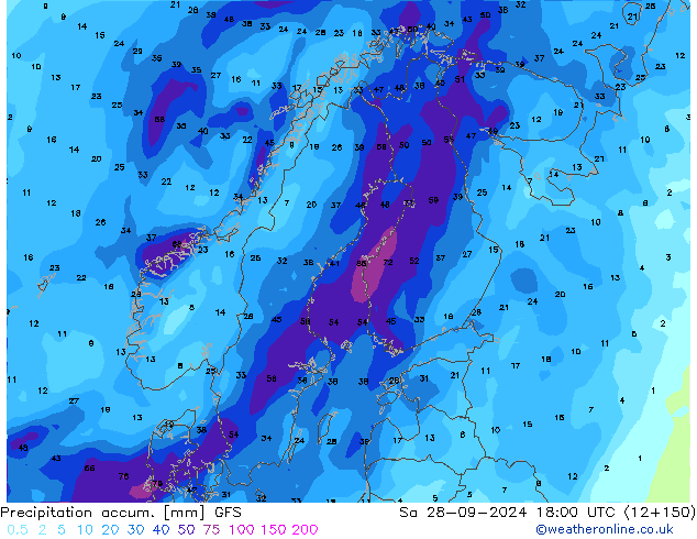 Precipitation accum. GFS sab 28.09.2024 18 UTC