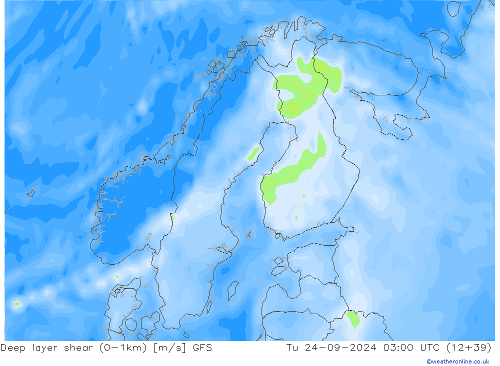 Deep layer shear (0-1km) GFS Tu 24.09.2024 03 UTC