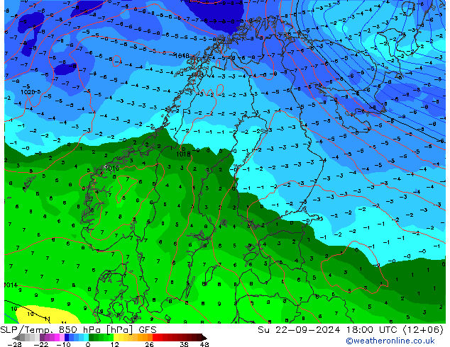 SLP/Temp. 850 hPa GFS dom 22.09.2024 18 UTC