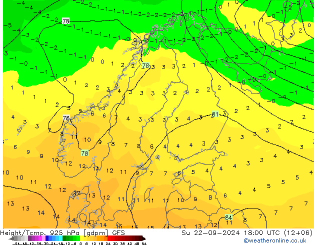 Height/Temp. 925 hPa GFS So 22.09.2024 18 UTC