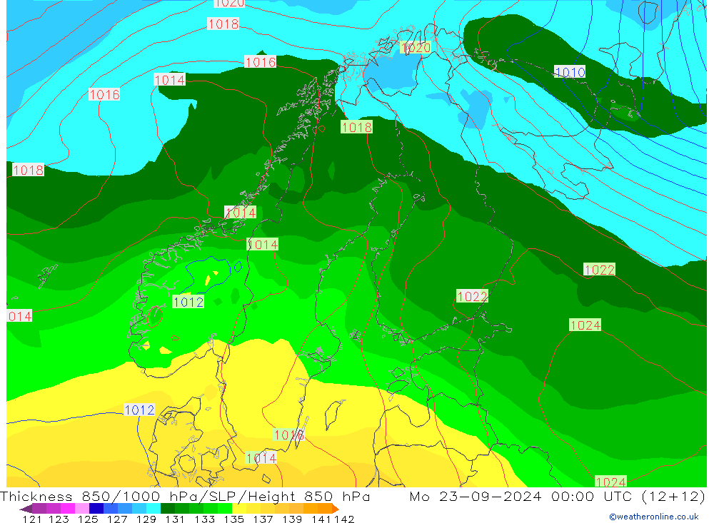 Thck 850-1000 гПа GFS пн 23.09.2024 00 UTC