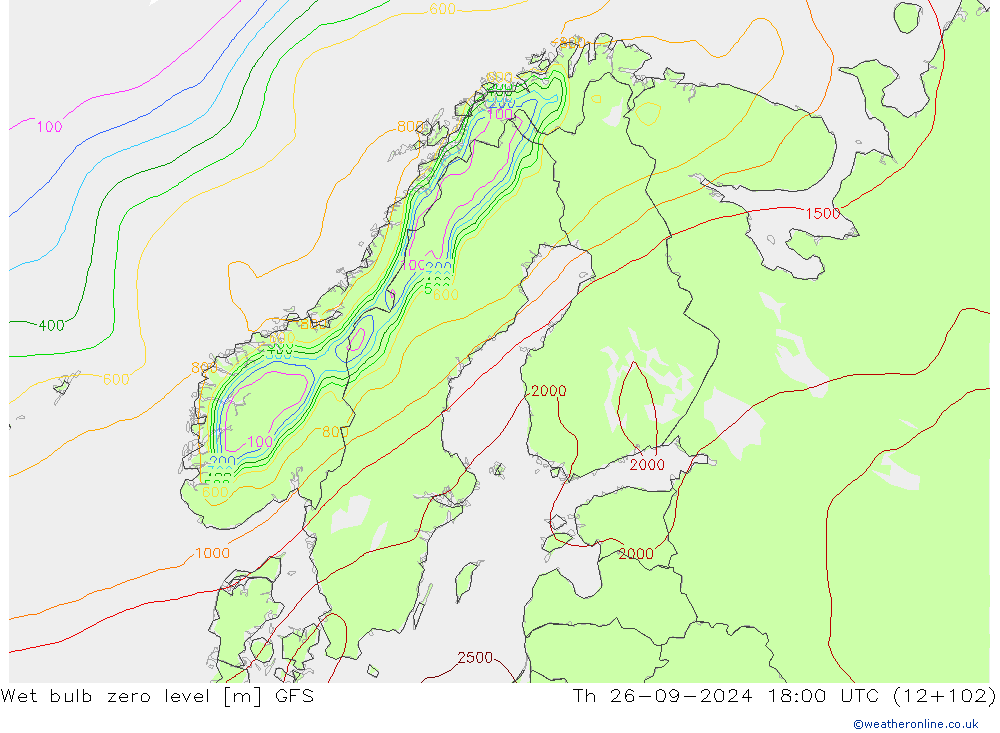 Wet bulb zero level GFS Th 26.09.2024 18 UTC