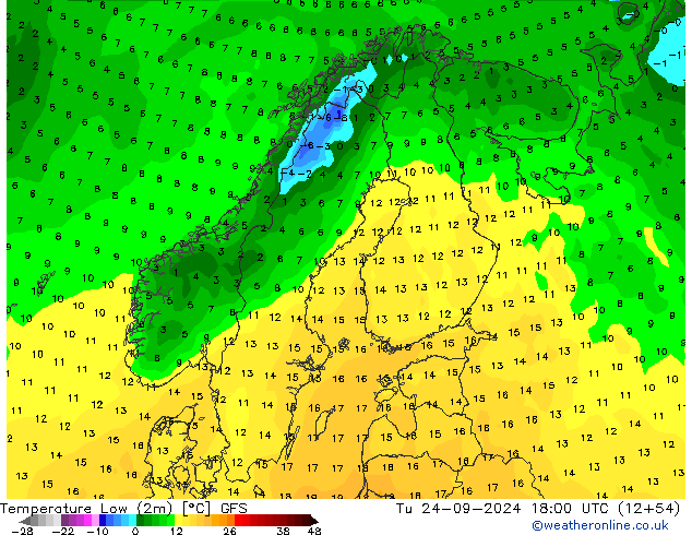 Temperature Low (2m) GFS Tu 24.09.2024 18 UTC