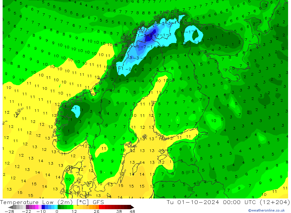 Min. Temperatura (2m) GFS wto. 01.10.2024 00 UTC