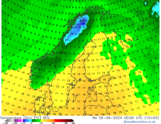 mapa temperatury (2m) GFS śro. 25.09.2024 00 UTC