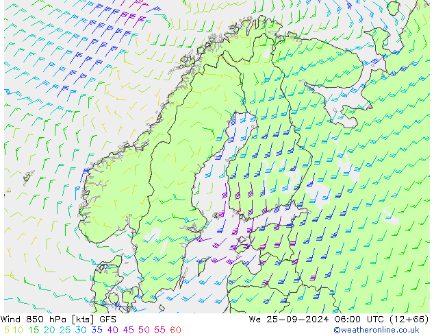 Viento 850 hPa GFS mié 25.09.2024 06 UTC