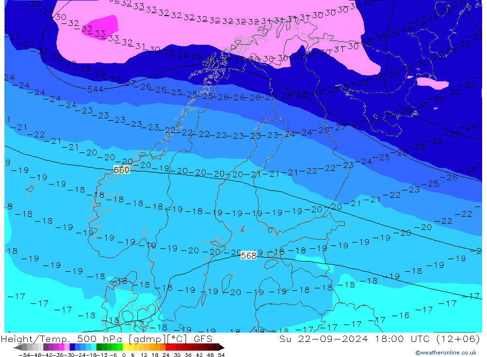 Z500/Yağmur (+YB)/Z850 GFS Paz 22.09.2024 18 UTC