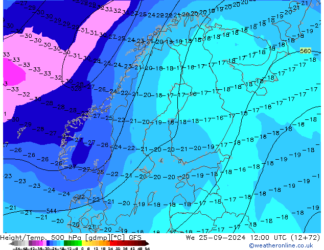 Z500/Rain (+SLP)/Z850 GFS We 25.09.2024 12 UTC