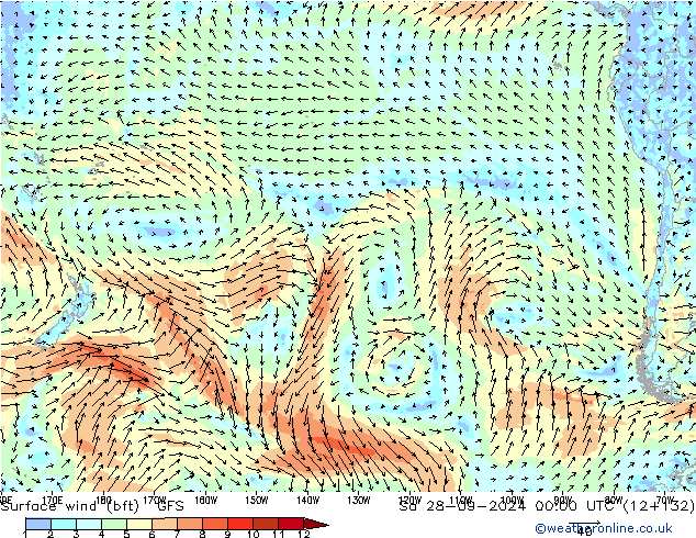 Wind 10 m (bft) GFS za 28.09.2024 00 UTC