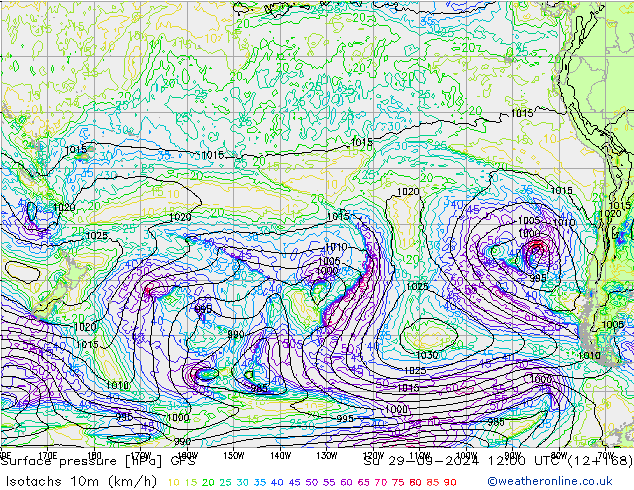 Isotachs (kph) GFS Ne 29.09.2024 12 UTC