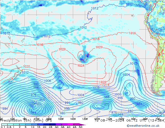 Z500/Rain (+SLP)/Z850 GFS Tu 08.10.2024 12 UTC