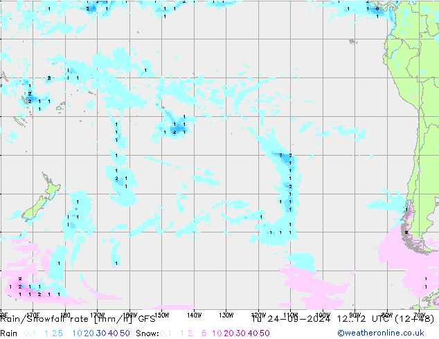 Rain/Snowfall rate GFS Út 24.09.2024 12 UTC