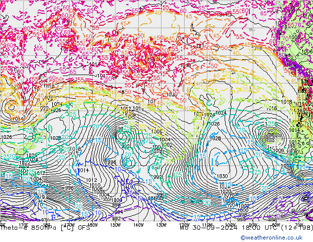 Theta-e 850hPa GFS Mo 30.09.2024 18 UTC