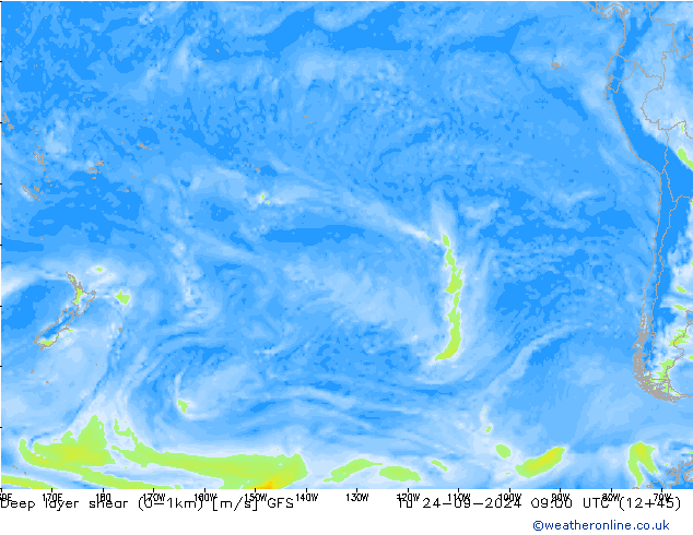 Deep layer shear (0-1km) GFS wto. 24.09.2024 09 UTC