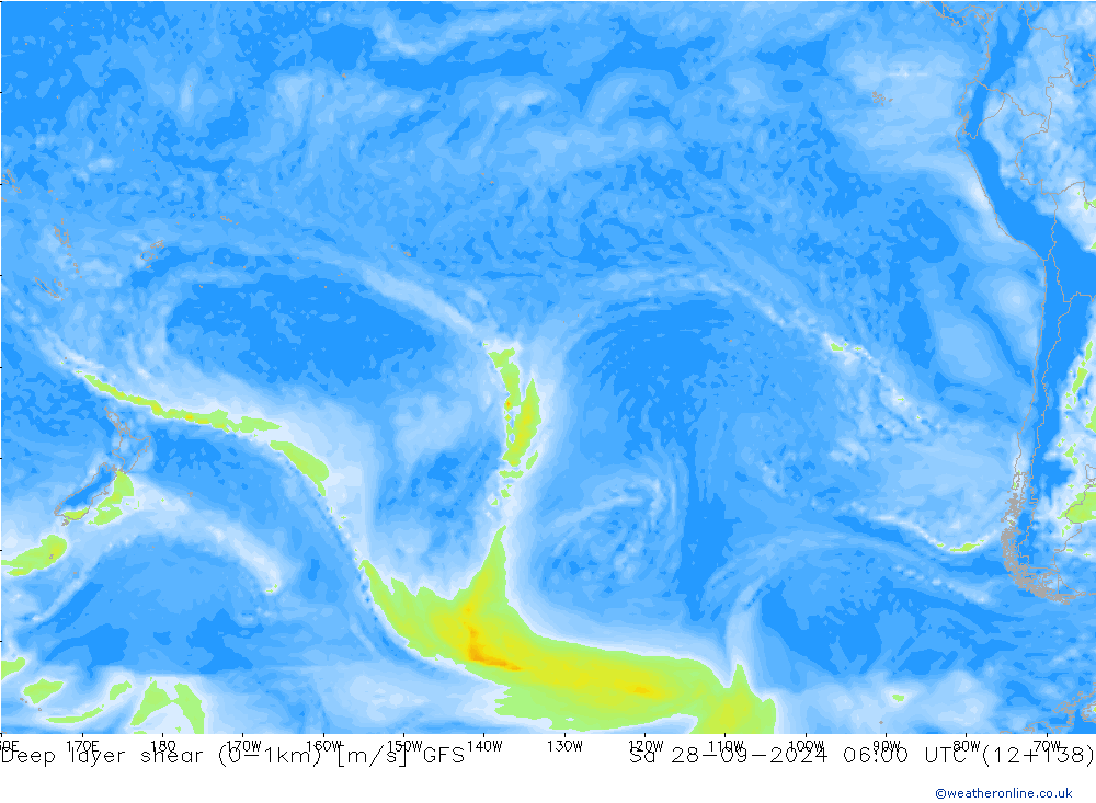 Deep layer shear (0-1km) GFS So 28.09.2024 06 UTC