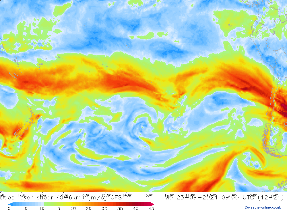 Deep layer shear (0-6km) GFS пн 23.09.2024 09 UTC