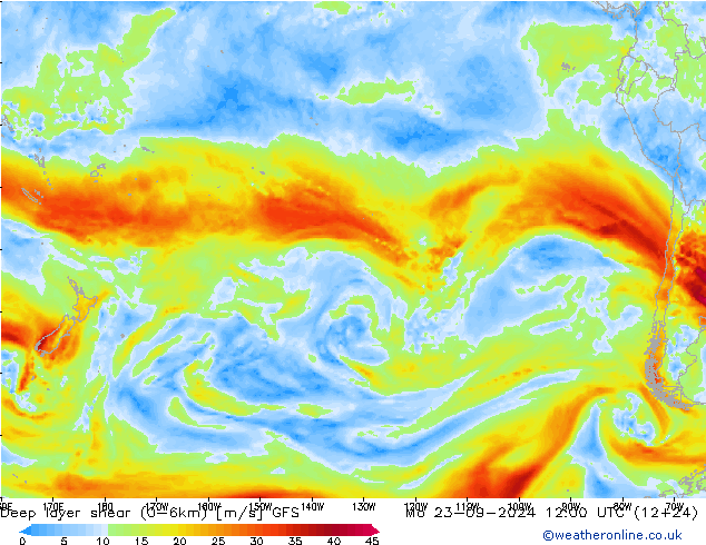 Deep layer shear (0-6km) GFS ma 23.09.2024 12 UTC