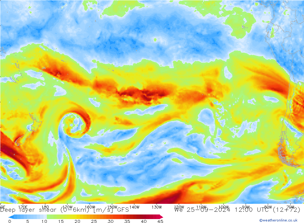 Deep layer shear (0-6km) GFS śro. 25.09.2024 12 UTC