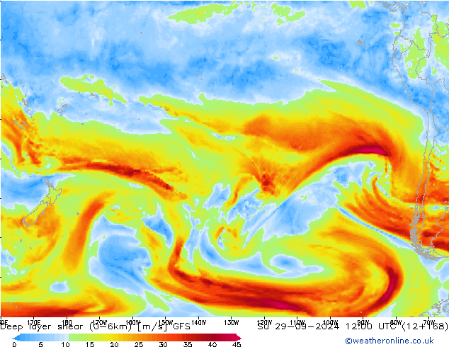 Deep layer shear (0-6km) GFS Вс 29.09.2024 12 UTC