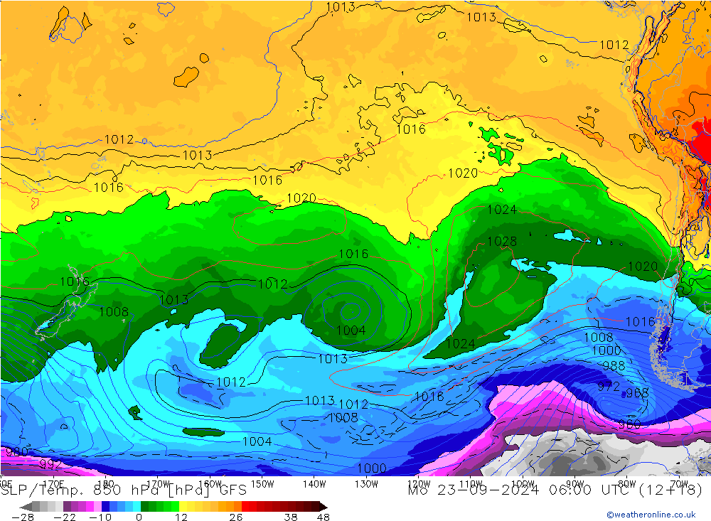 SLP/Temp. 850 hPa GFS Seg 23.09.2024 06 UTC