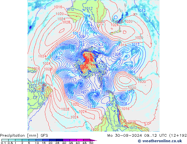 Srážky GFS Po 30.09.2024 12 UTC