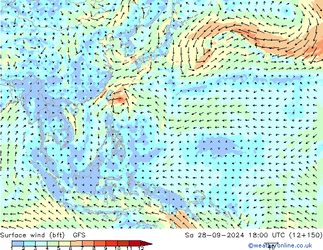 Wind 10 m (bft) GFS za 28.09.2024 18 UTC