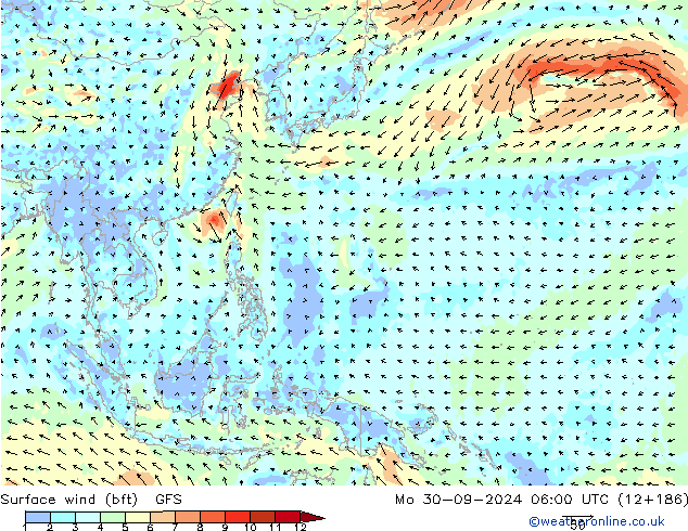 Wind 10 m (bft) GFS ma 30.09.2024 06 UTC