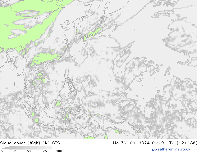 Cloud cover (high) GFS Mo 30.09.2024 06 UTC