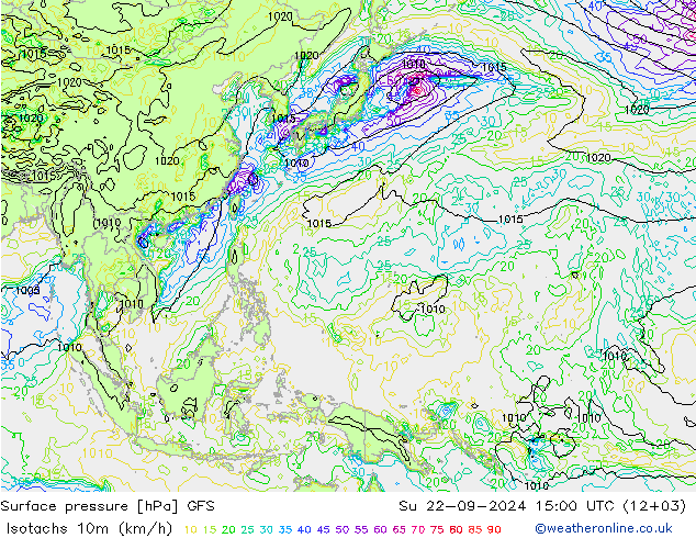 Isotachs (kph) GFS dom 22.09.2024 15 UTC