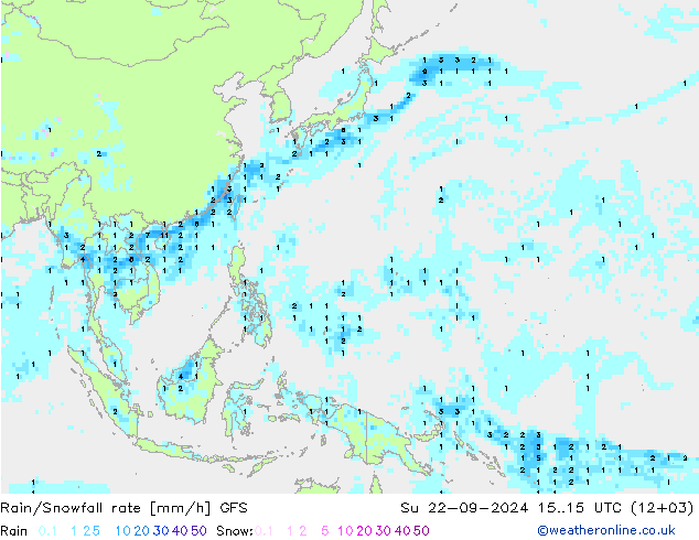 Rain/Snowfall rate GFS Su 22.09.2024 15 UTC