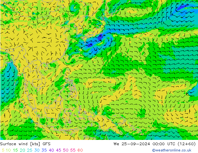 wiatr 10 m GFS śro. 25.09.2024 00 UTC