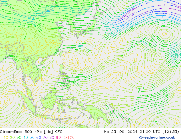 ветер 500 гПа GFS пн 23.09.2024 21 GMT