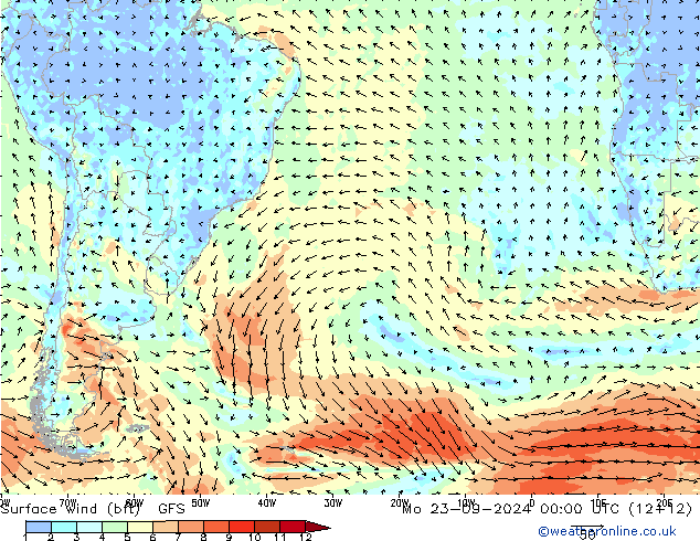 Surface wind (bft) GFS Mo 23.09.2024 00 UTC