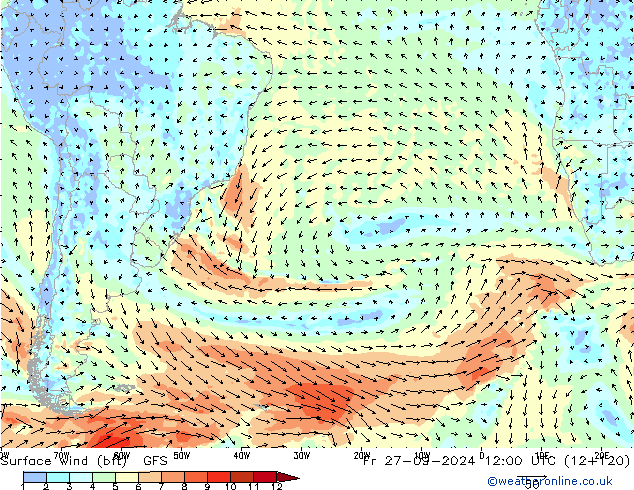 Vent 10 m (bft) GFS ven 27.09.2024 12 UTC