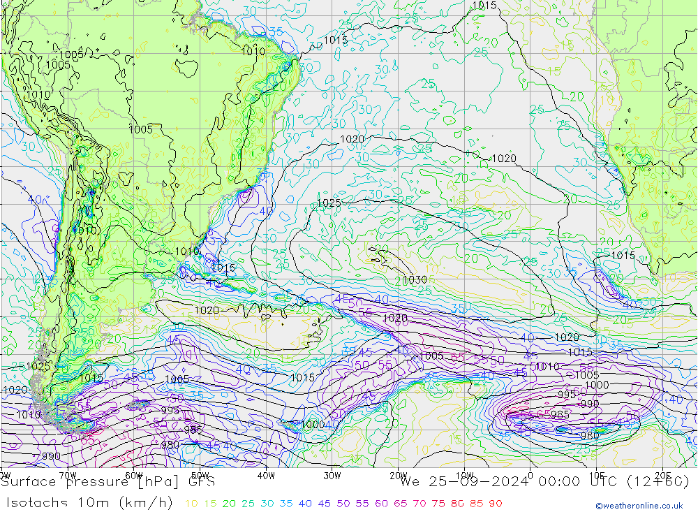 Eşrüzgar Hızları (km/sa) GFS Çar 25.09.2024 00 UTC