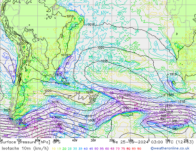 Isotachs (kph) GFS We 25.09.2024 03 UTC