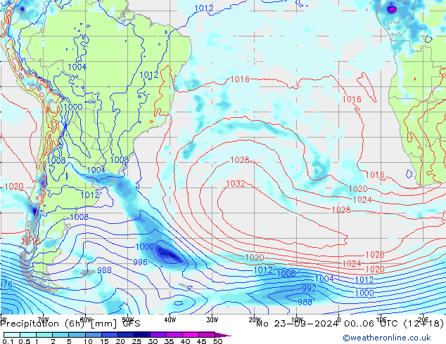 Z500/Rain (+SLP)/Z850 GFS пн 23.09.2024 06 UTC