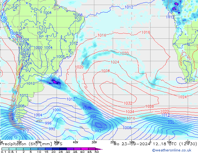 Totale neerslag (6h) GFS ma 23.09.2024 18 UTC