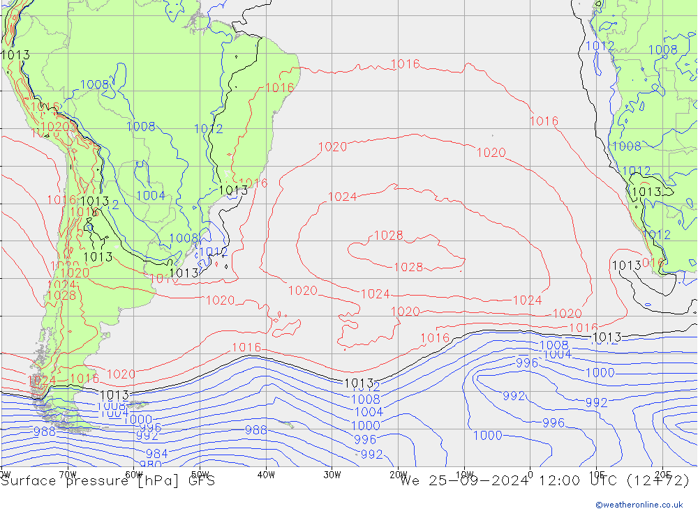 pressão do solo GFS Qua 25.09.2024 12 UTC