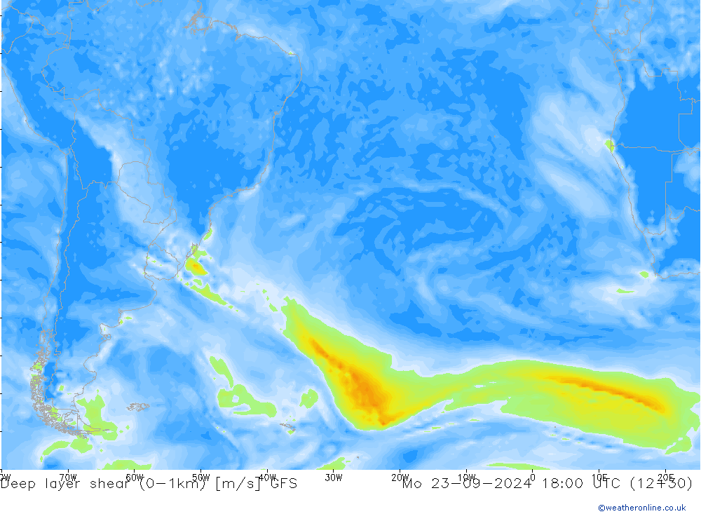 Deep layer shear (0-1km) GFS Pzt 23.09.2024 18 UTC