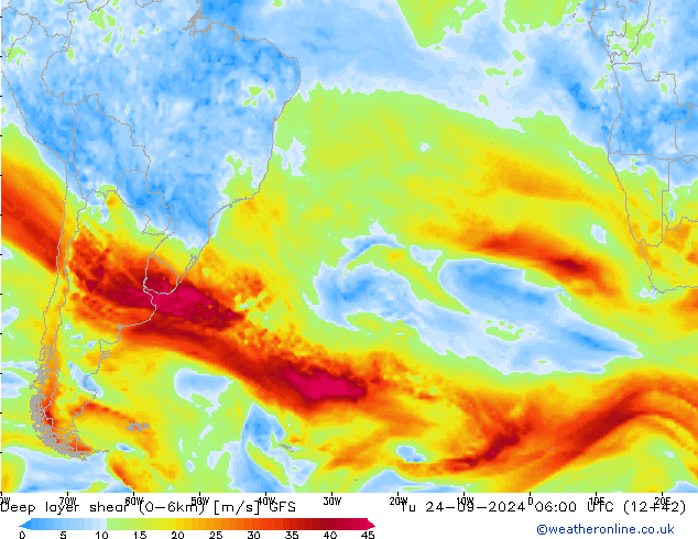 Deep layer shear (0-6km) GFS mar 24.09.2024 06 UTC